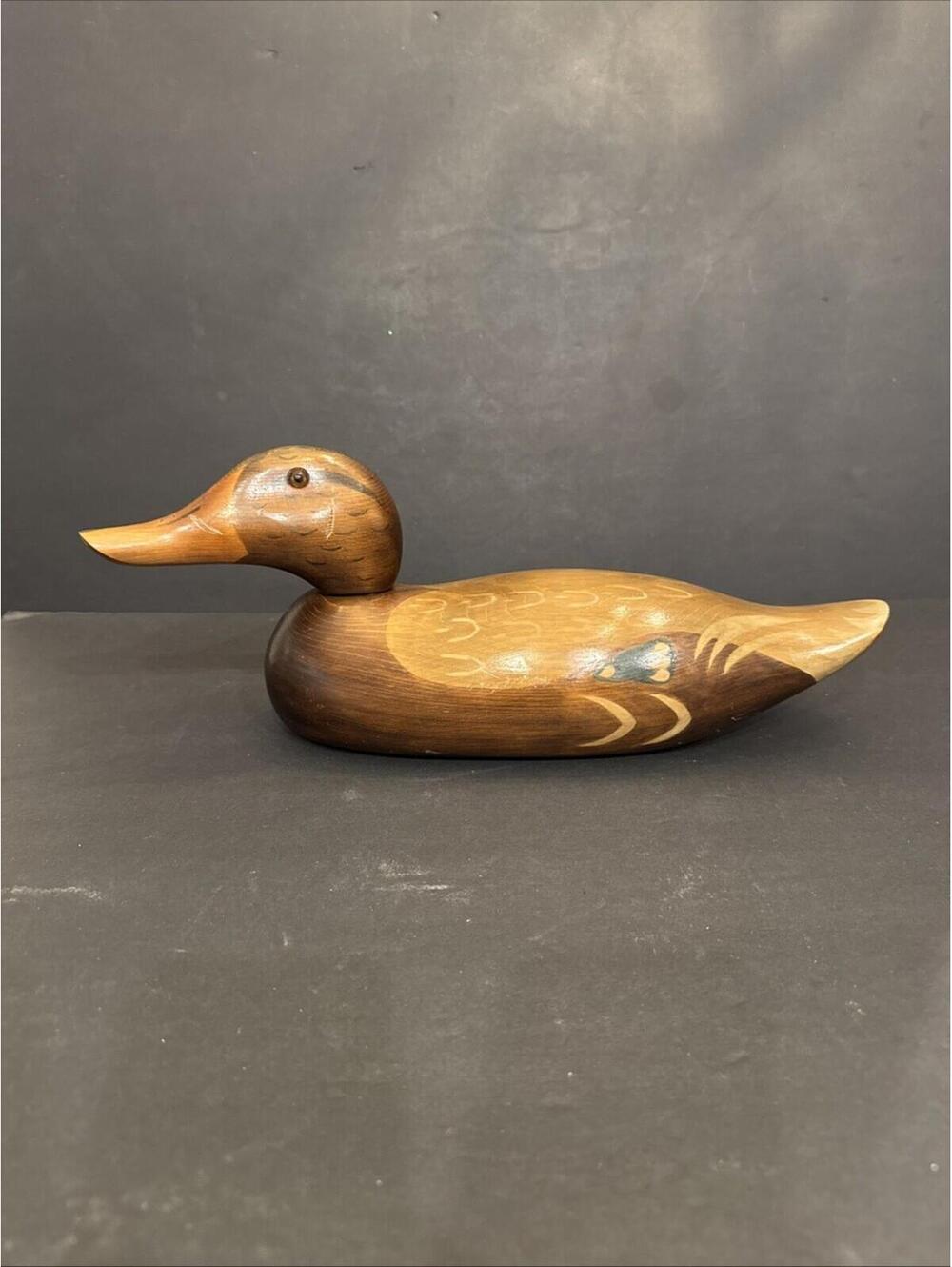 Vintage Hand Carved Wooden Duck 1985 Signed 15” Long